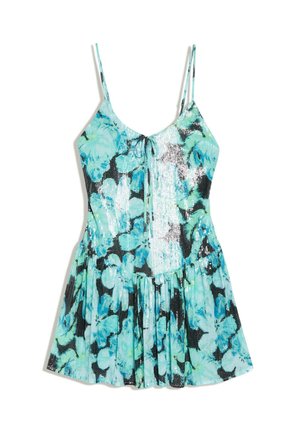 Blau-grünes, florales Mini-Pailletten-Kleid mit dünnen Trägern und einer Bindeverzierung in der Mitte des vorderen Ausschnitts.