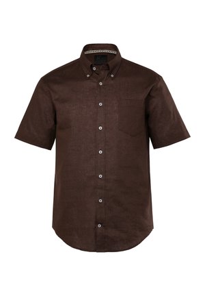 Koszula z krótkim rękawem na guziki, wykonana z ciemnobrązowego lnu. Posiada klasyczny kołnierzyk, pojedynczą kieszeń na piersi oraz metalowe guziki. Ogólnie gładka faktura.