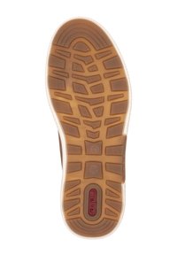 Semelle de chaussure en caoutchouc brun avec un motif texturé, présentant un bord extérieur beige et un logo de marque rouge. Conçue pour l'adhérence et la durabilité.