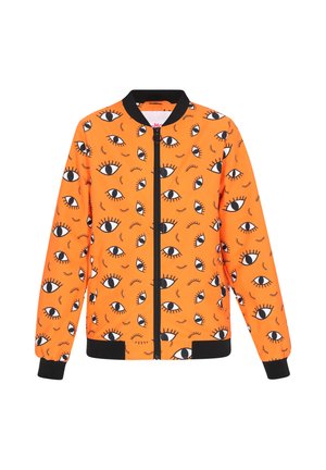 Orange bomber jacket with black accents, featuring an eye pattern. Material appears smooth and synthetic, with a zipper closure and ribbed cuffs.