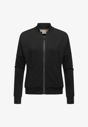 Veste bomber noire zippée fabriquée en tissu doux, avec des poignets et un ourlet côtelés, et un logo discret sur la poitrine gauche.