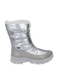 Botas de tobillo impermeables en plata y gris con forro de pelo sintético, parte superior acolchada y suela de goma blanca; cuenta con un zipper lateral y detalles de botones.