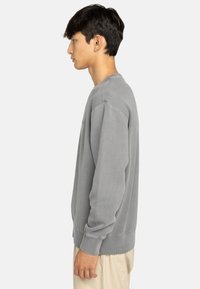 Grå sweatshirt med lange ærmer og rund hals. Blødt stof, ribbede manchetter og afslutning, med minimal syning og sidehenvisninger.