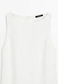 White sleeveless women's top with round neckline and back zipper closure.