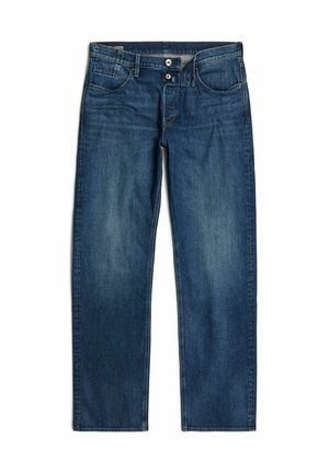 Donkerblauwe denim spijkerbroek met een rechte pijpdesign, vijf zakken en metalen knoopaccenten. Glad oppervlak met een lichte vervaging aan de voorkant.