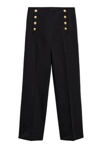 Pantalon droit noir sur mesure avec taille haute et deux rangées de trois boutons dorés le long des poches avant.