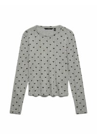 Långärmad grå topp i mjukt tyg, med ett mönster av små bruna hjärtan överallt och rundad halsringning. Korthuggen design.