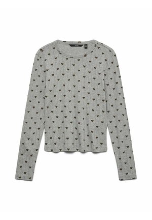 Maglione grigio a maniche lunghe realizzato in tessuto morbido, con un motivo di piccoli cuori marroni su tutta la superficie e un colletto rotondo. Design cropped.