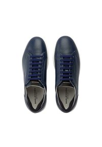 Navy blue leather sneakers with textured surface, flat laces, and white rubber soles. Interior features branded insole.
