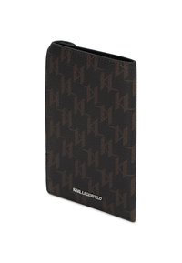 Black textured wallet featuring a repeating "K" pattern and silver "KARL LAGERFELD" logo at the bottom edge, thin and rectangular design.