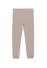 Beiga leggings tillverkade av mjukt material, med en åtsittande form, elastisk midja och avslutade anklar. Sömnadsdetaljer längs benen.