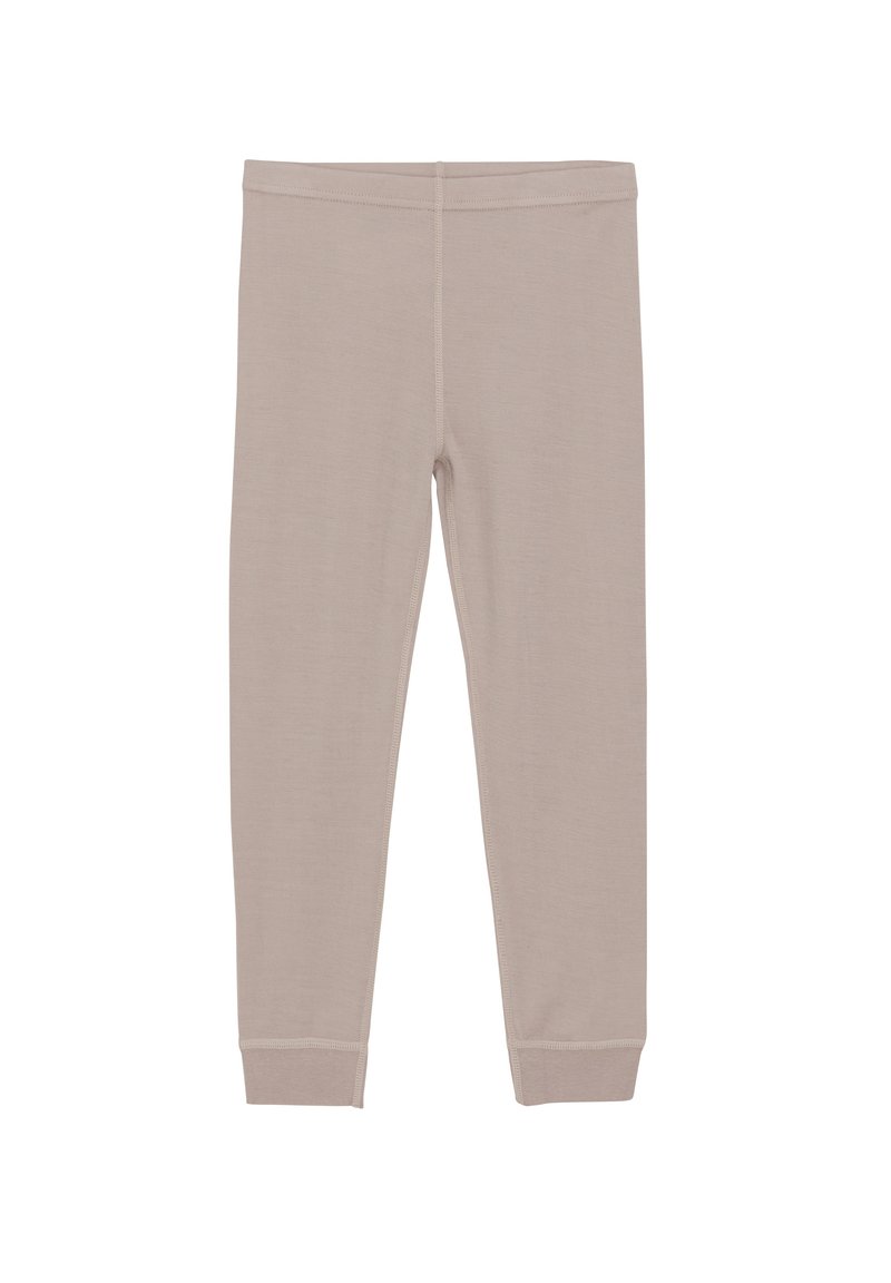 Beiga leggings tillverkade av mjukt material, med en åtsittande form, elastisk midja och avslutade anklar. Sömnadsdetaljer längs benen.