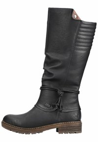 Botte noire en cuir, montant jusqu'au genou, avec un bout arrondi, une tige texturée, des coutures décoratives et un accent marron près du haut. Elle dispose d'une semelle en caoutchouc.