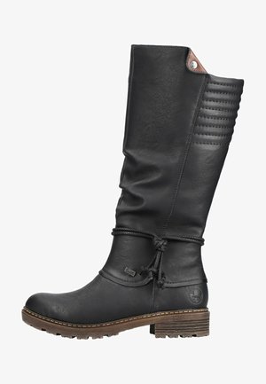 Schwarze Lederstiefel bis zum Knie mit runder Spitze, strukturiertem Obermaterial, dekorativer Naht und einem braunen Akzent nahe der Oberkante. Mit einer Gummisohle.