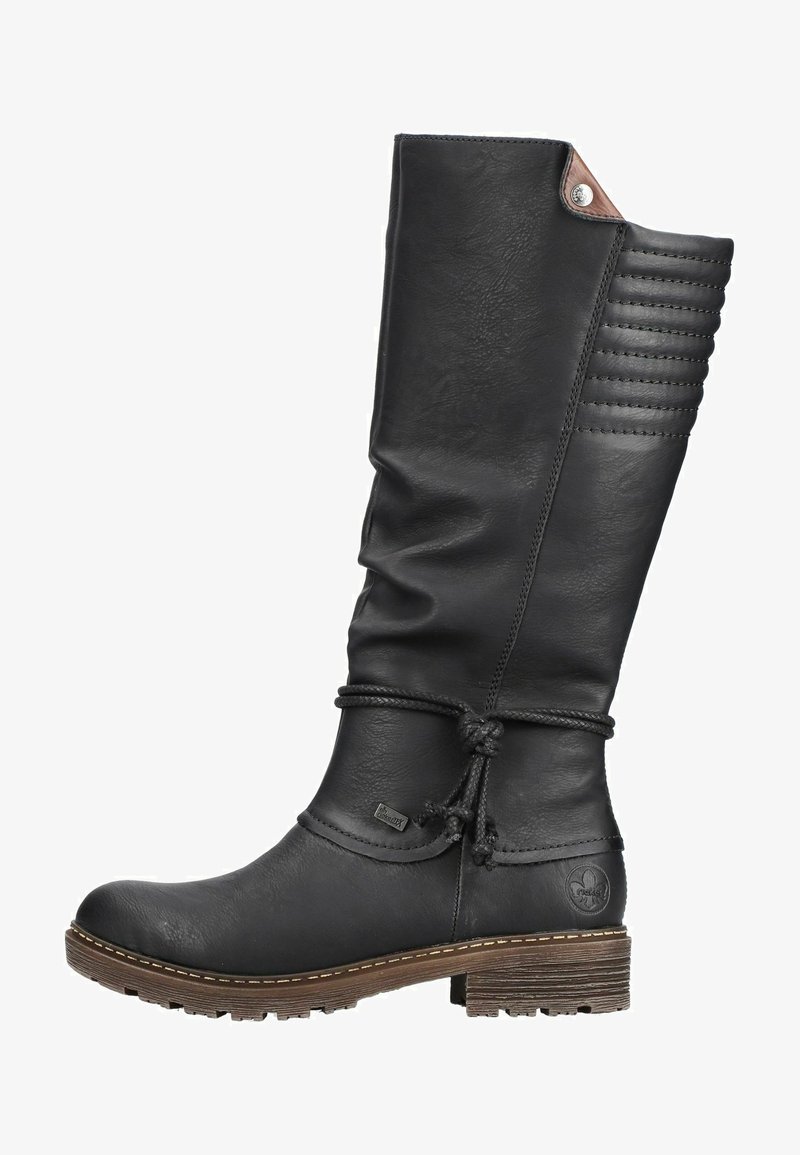 Schwarze Lederstiefel bis zum Knie mit runder Spitze, strukturiertem Obermaterial, dekorativer Naht und einem braunen Akzent nahe der Oberkante. Mit einer Gummisohle.