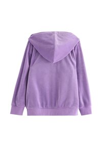 Purple fleece hoodie featuring a classic design with a matching hood, long sleeves, and ribbed cuffs and hem. Soft, textured fabric.