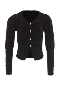 Cardigan negru cu mâneci lungi, frunțită în fa�ță și închidere cu nasturi aurii. Prezintă mansete cu zăbrele și un design ajustat.
