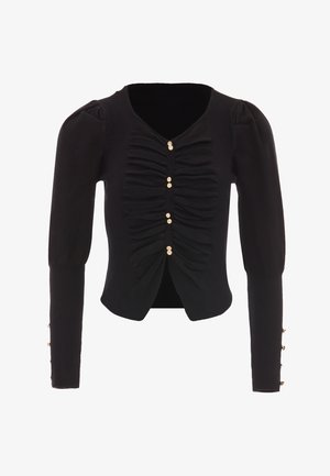 Black cardigan with long sleeves, ruched front, and gold button closures. Features ribbed cuffs and a fitted design.