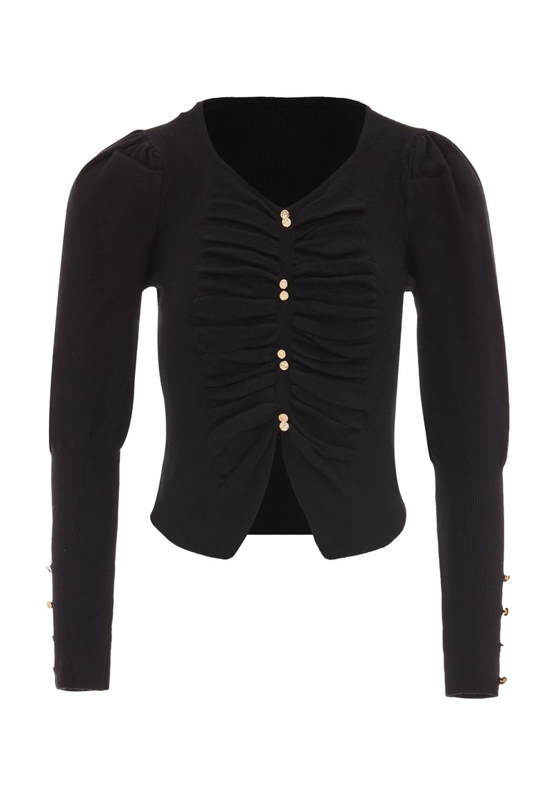Cardigan negru cu mâneci lungi, frunțită în față și închidere cu nasturi aurii. Prezintă mansete cu zăbrele și un design ajustat.