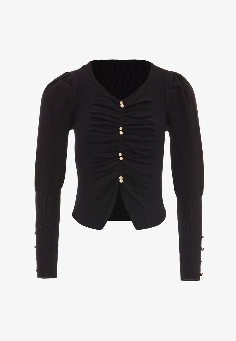 Schwarze Strickjacke mit langen Ärmeln, geraffter Vorderseite und goldenen Knopfverschlüssen. Verfügt über gerippte Bündchen und ein tailliertes Design.