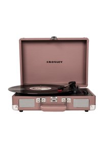Portable pink vinyl record player with a textured exterior, silver hardware, and visible speakers, showcasing a black record on the turntable.