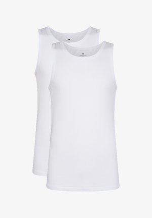 White cotton tank tops, sleeveless design, round neck, plain texture, featuring a soft, lightweight fabric. Two pieces displayed.
