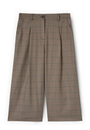 Brązowo-beżowe spodnie w szerokie kratę o szerokich nogawkach, z plisowanym przodem, zapinane na guziki, z dwoma bocznymi kieszeniami. Wykonane z lekkiego materiału.