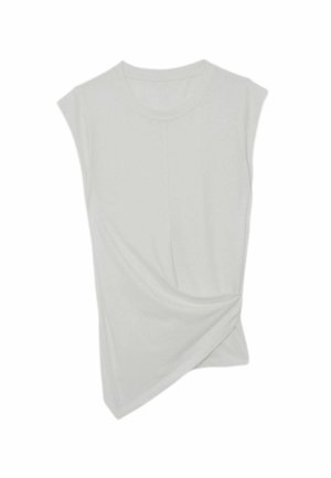 Be rankovių šviesiai pilka asimetriška palaidinė su apvalia iškirpte ir priekyje susukta drapiruote.