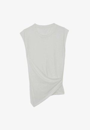 Varrukateta helehall asümmeetriline topp ümar kaelusega ja esiküljel keerutatud drapereidetailiga.