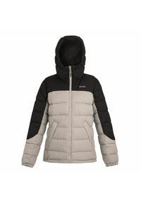 Veste d'hiver matelassée gris bicolore et noire avec capuche, fermeture éclair frontale et poches latérales, conçue pour une utilisation en extérieur.