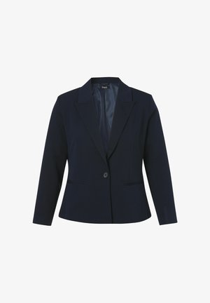 Blazer bleu marine à un seul bouton avec revers crantés, manches longues, deux poches fendues à l'avant, doublure intérieure, coupe ajustée.