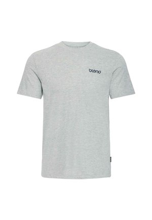 Ανοιχτό γκρι κοντομάνικο t-shirt από μαλακό ύφασμα· διαθέτει λαιμόκοψη crew και μικρό ναυτικό μπλε λογότυπο "blend" στο στήθος.