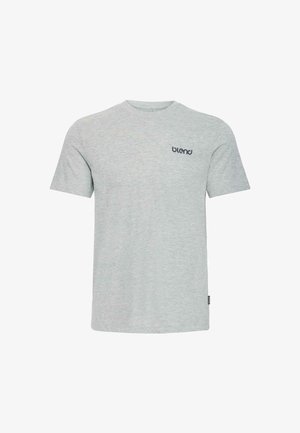 Ανοιχτό γκρι κοντομάνικο t-shirt από μαλακό ύφασμα· διαθέτει λαιμόκοψη crew και μικρό ναυτικό μπλε λογότυπο "blend" στο στήθος.