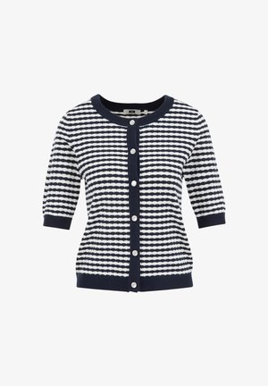 Cardigan tricoté bleu marine et blanc avec un col rond, des manches courtes et une fermeture à boutons. Présente un motif géométrique et des bords côtelés.