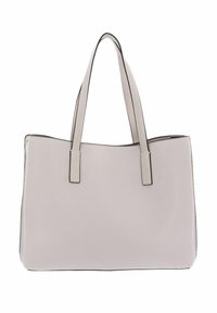 Borsa tote grigia chiara in pelle texturizzata, con due manici piatti e bordi neri a contrasto lungo la parte superiore. Forma semplice e rettangolare.