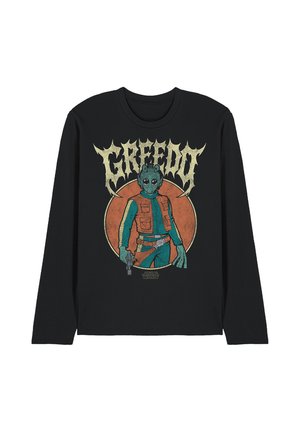 Schwarzes Langarmshirt mit einem Cartoon-Greedo, der eine Waffe hält, "GREEDO" Text darüber und einem runden orangefarbenen Hintergrund hinter der Figur.