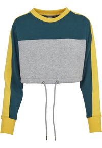 Sudadera corta con paneles en tonos verde azulado, gris y amarillo. Cuenta con un dobladillo con cordón y puños acanalados, resaltando un diseño a bloques de color.