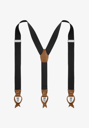 Bretelles élastiques noires avec des accents en cuir marron, des clips en métal pour l'attache et un patch central en cuir pour le renforcement.