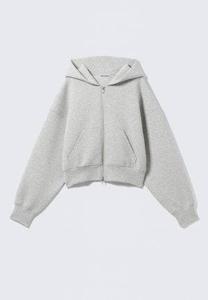 Sweat à capuche gris clair, court, avec fermeture éclair, manches longues, poches kangourou à l'avant et capuche, posé à plat sur un fond blanc.