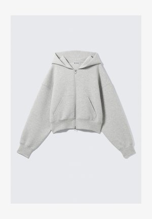 Sweat à capuche gris clair, court, avec fermeture éclair, manches longues, poches kangourou à l'avant et capuche, posé à plat sur un fond blanc.
