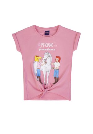 Pink children's shirt with illustration of two girls grooming a white horse and the German text "Pferde Freundinnen" above them.