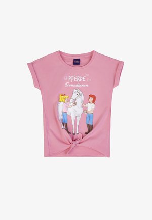 Pink children's shirt with illustration of two girls grooming a white horse and the German text "Pferde Freundinnen" above them.