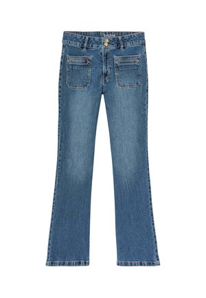 Jean en denim bleu évasé avec fermeture à boutons, cinq poches et surpiqûres contrastantes. Le tissu présente une texture légèrement délavée.