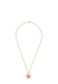 Collana in oro rosa delicato con un piccolo pendente a forma di cuore testurizzato e chiusura a anello a molla.