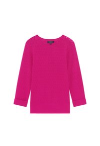 Strickpullover in leuchtendem Pink mit Wellenmuster, rundem Ausschnitt und Dreiviertelärmel, mit Knopfakzenten an den Schultern.