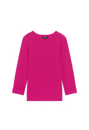 Strickpullover in leuchtendem Pink mit Wellenmuster, rundem Ausschnitt und Dreiviertelärmel, mit Knopfakzenten an den Schultern.