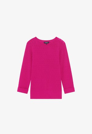 Pull en tricot de couleur rose vif avec un motif en vagues, col rond et manches trois-quarts, avec des accents de boutons aux épaules.