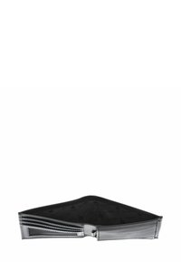 Black leather wallet with a bifold design, interior card slots, and mesh ID pocket. Textured finish with a subtle logo pattern on the lining.