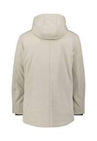 Beige waterdichte jacket met capuchon, met een gladde textuur, lange mouwen, en een eenvoudig, strak design zonder zichtbare sluitingen of zakken.