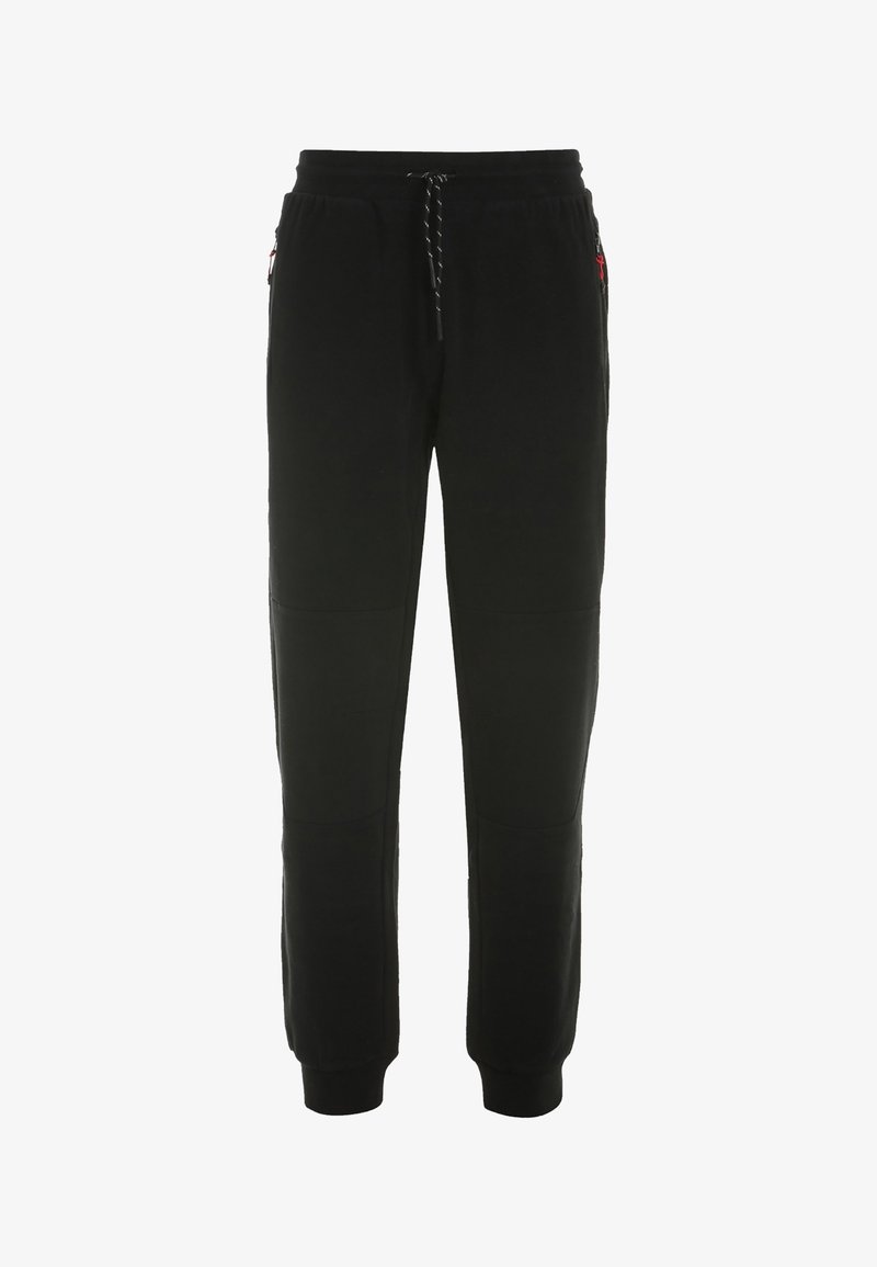 Pantalon de survêtement noir en tissu doux. Présente une taille élastique avec cordon de serrage, des poches latérales et des jambes fuselées avec des poignets côtelés.